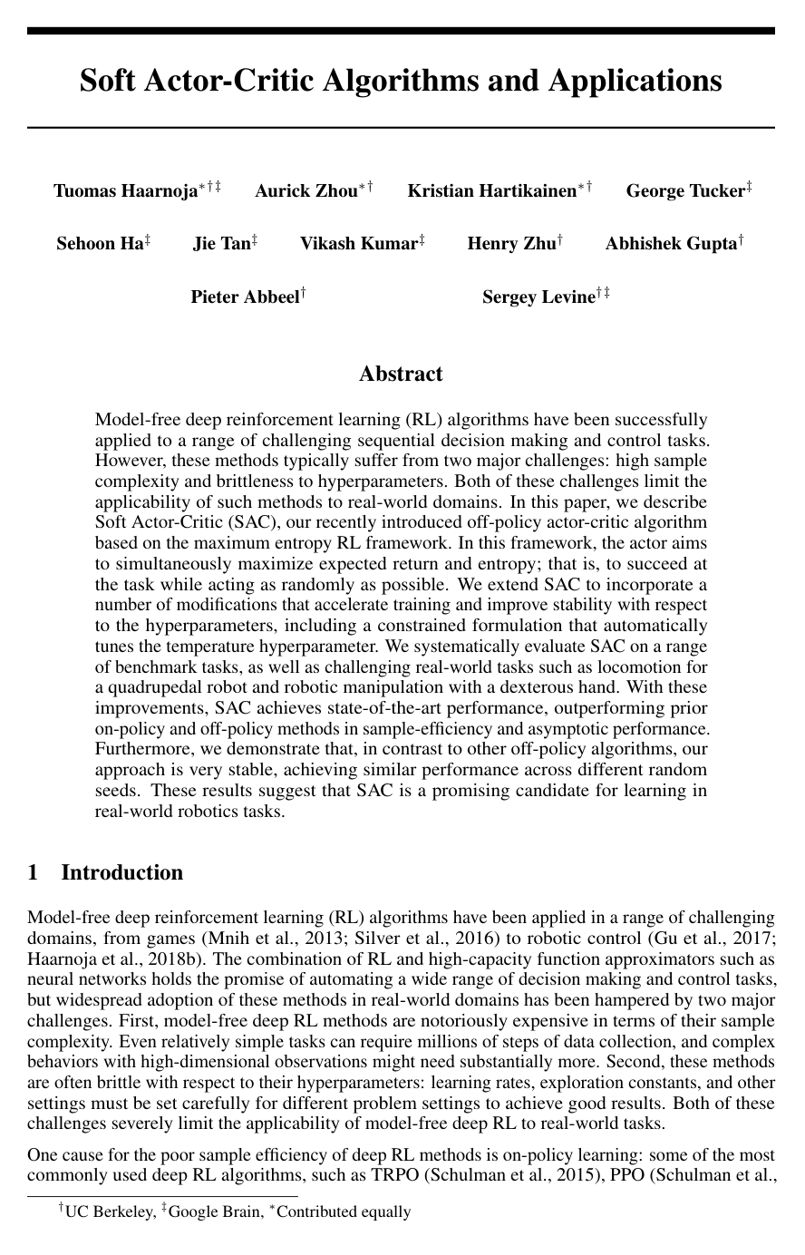 Soft Actor-Critic Algorithms and Applications