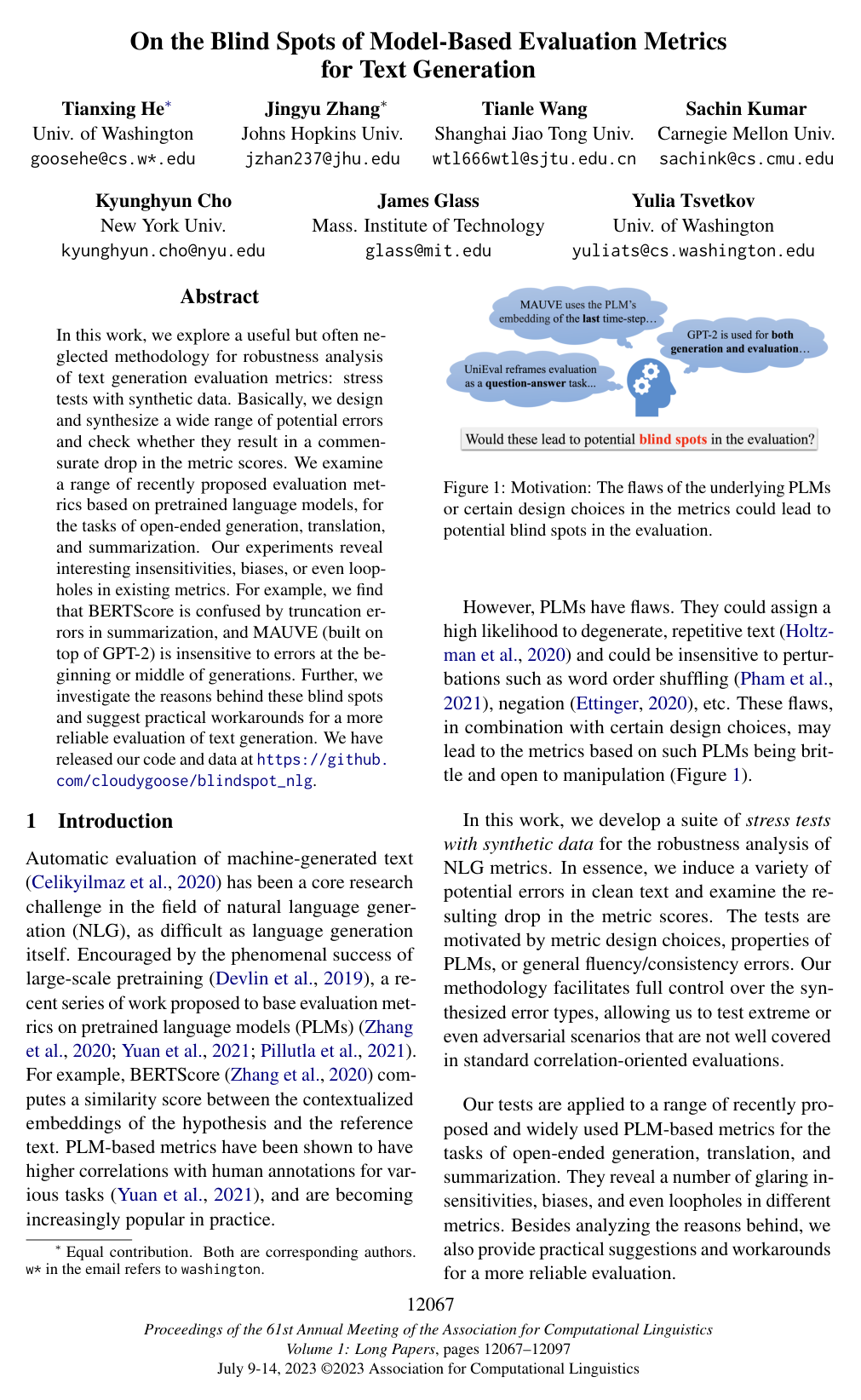 On the Blind Spots of Model-Based Evaluation Metrics for Text Generation