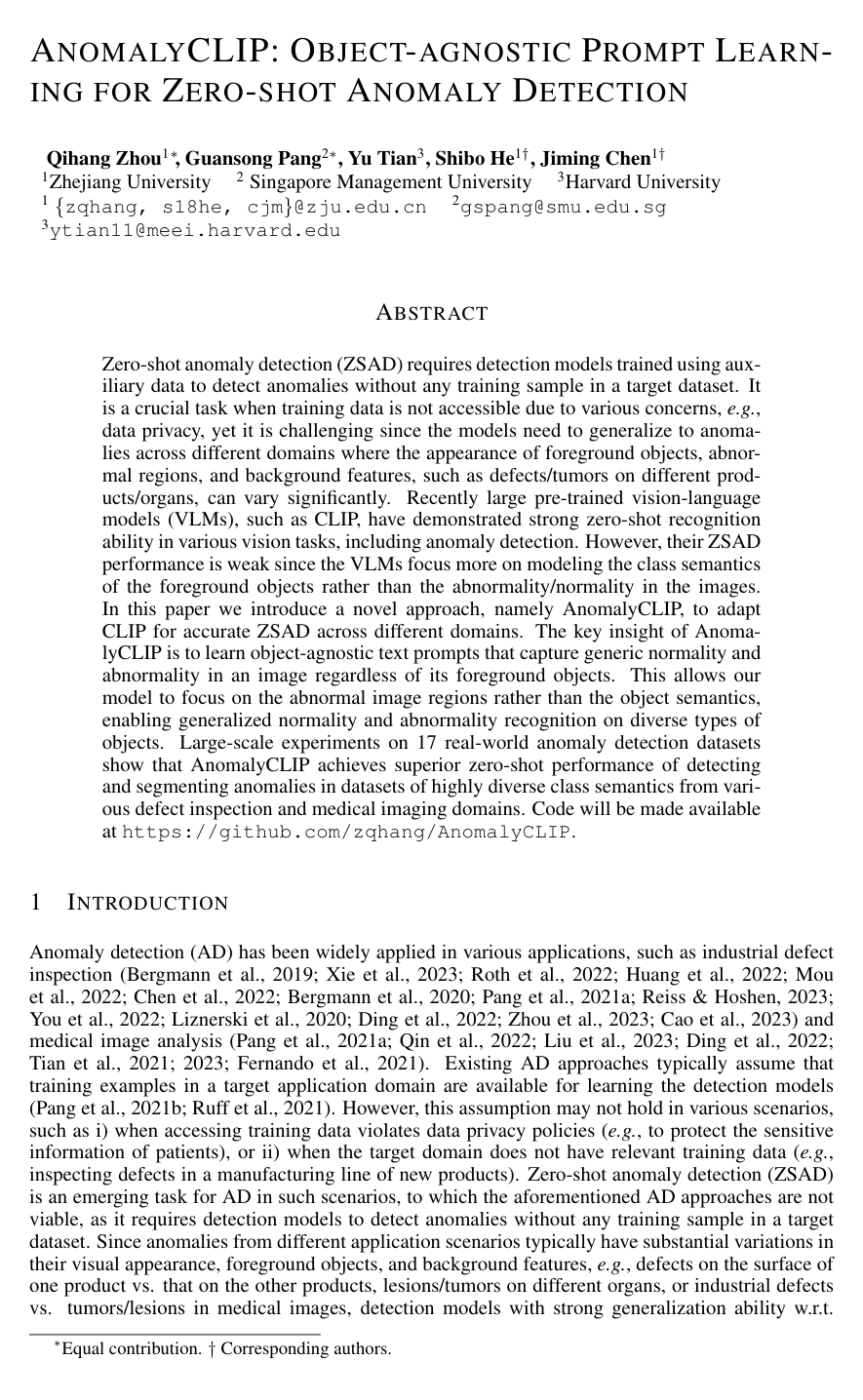 Cover for AnomalyCLIP: Object-agnostic Prompt Learning for Zero-shot Anomaly Detection