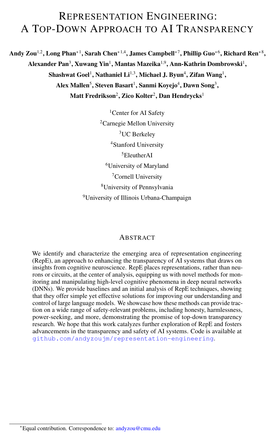 Cover for Representation Engineering: A Top-Down Approach to AI Transparency