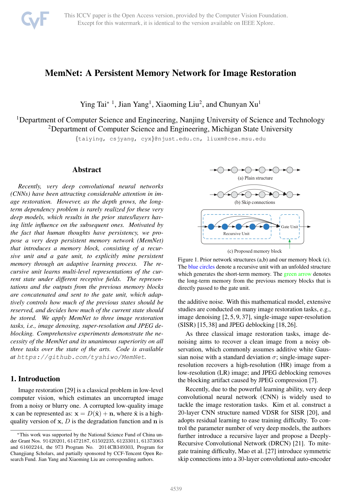 Cover for MemNet: A Persistent Memory Network for Image Restoration
