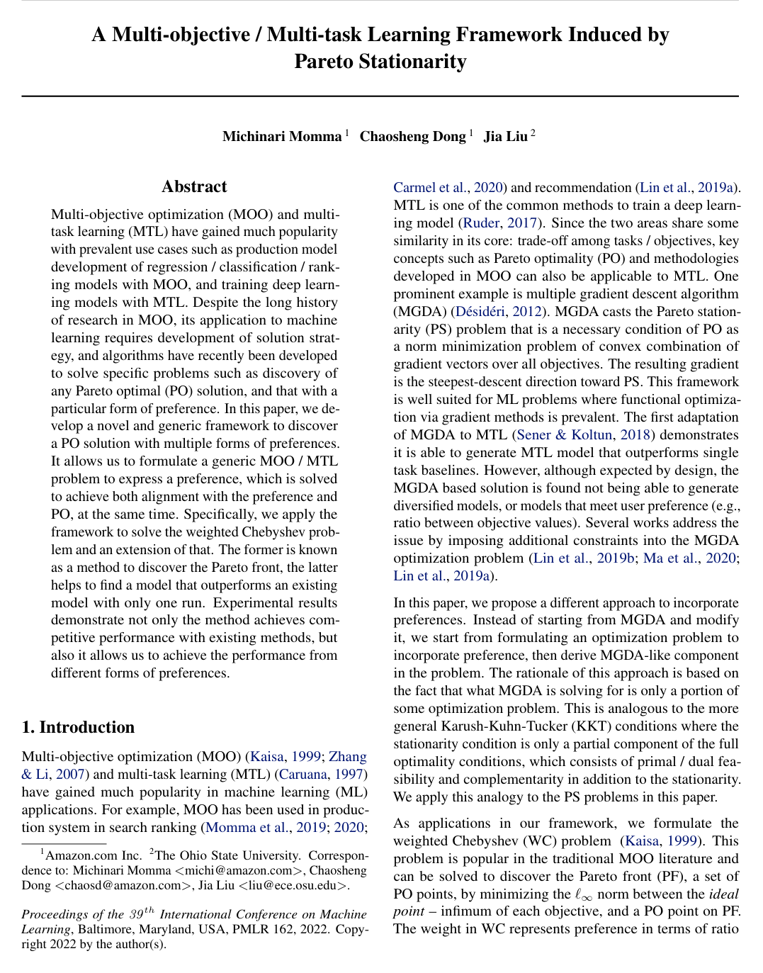 A Multi-objective / Multi-task Learning Framework Induced by Pareto Stationarity