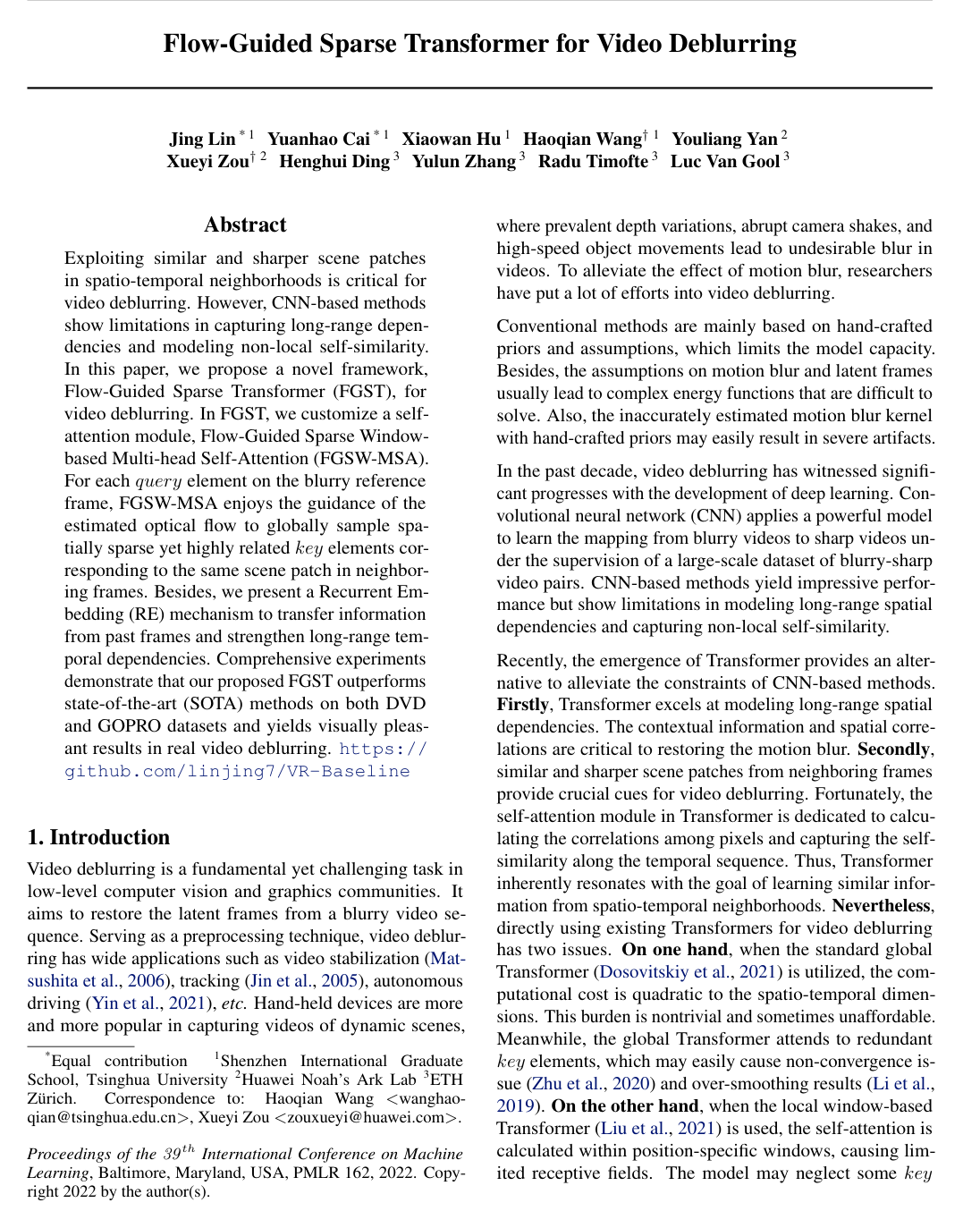 Cover for Flow-Guided Sparse Transformer for Video Deblurring