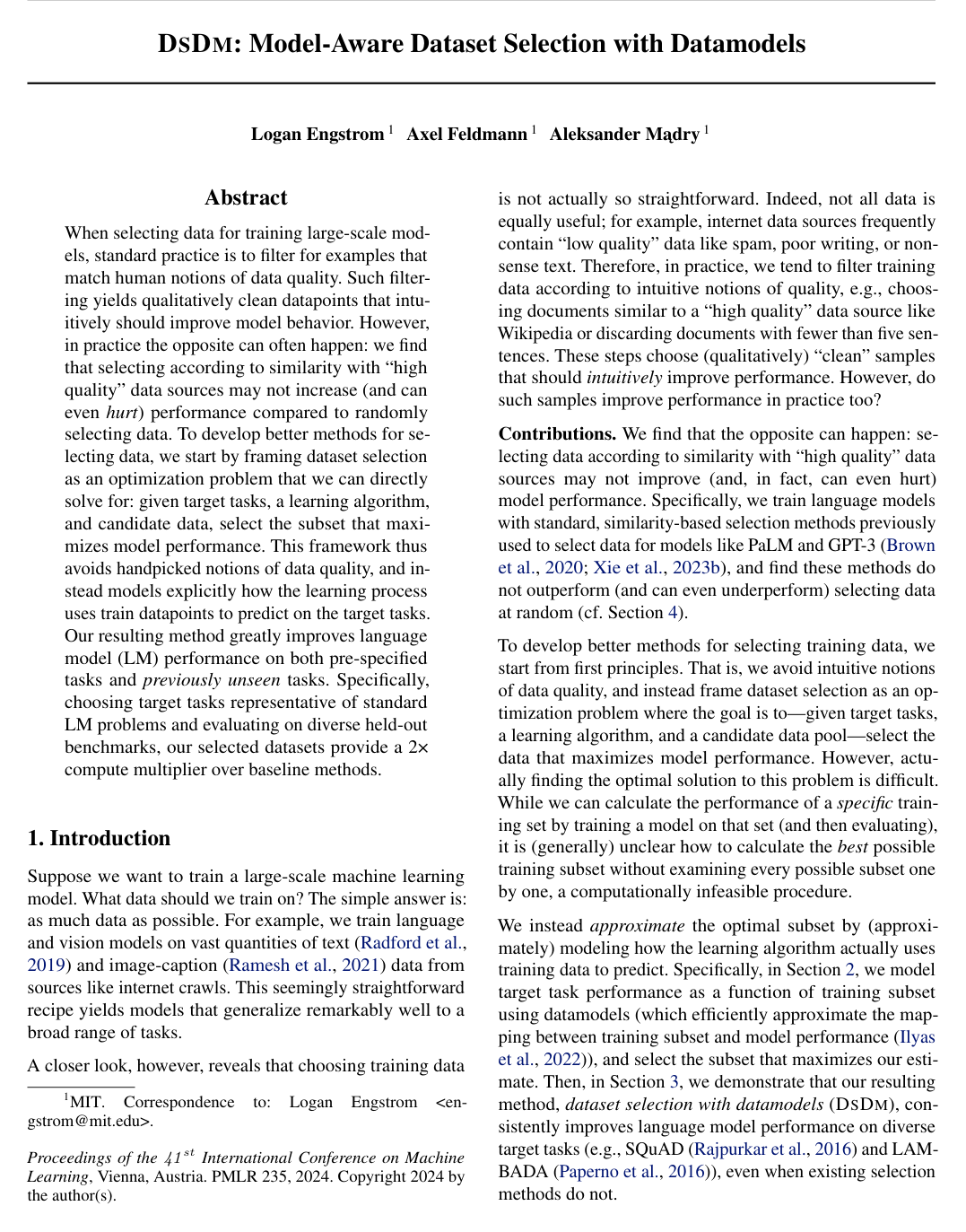 Cover for DsDm: Model-Aware Dataset Selection with Datamodels