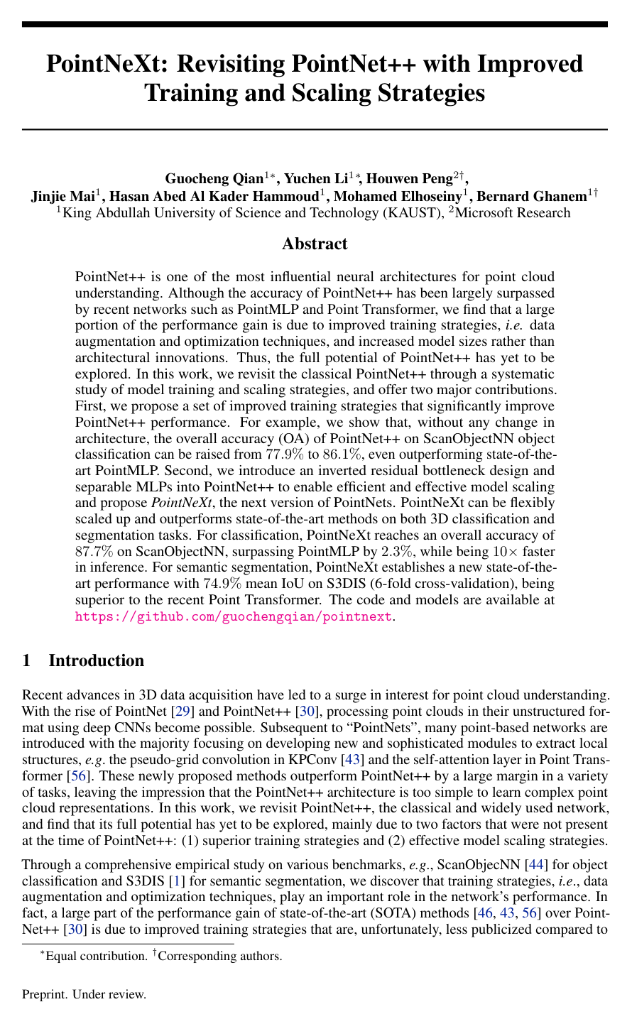 PointNeXt: Revisiting PointNet++ with Improved Training and Scaling Strategies