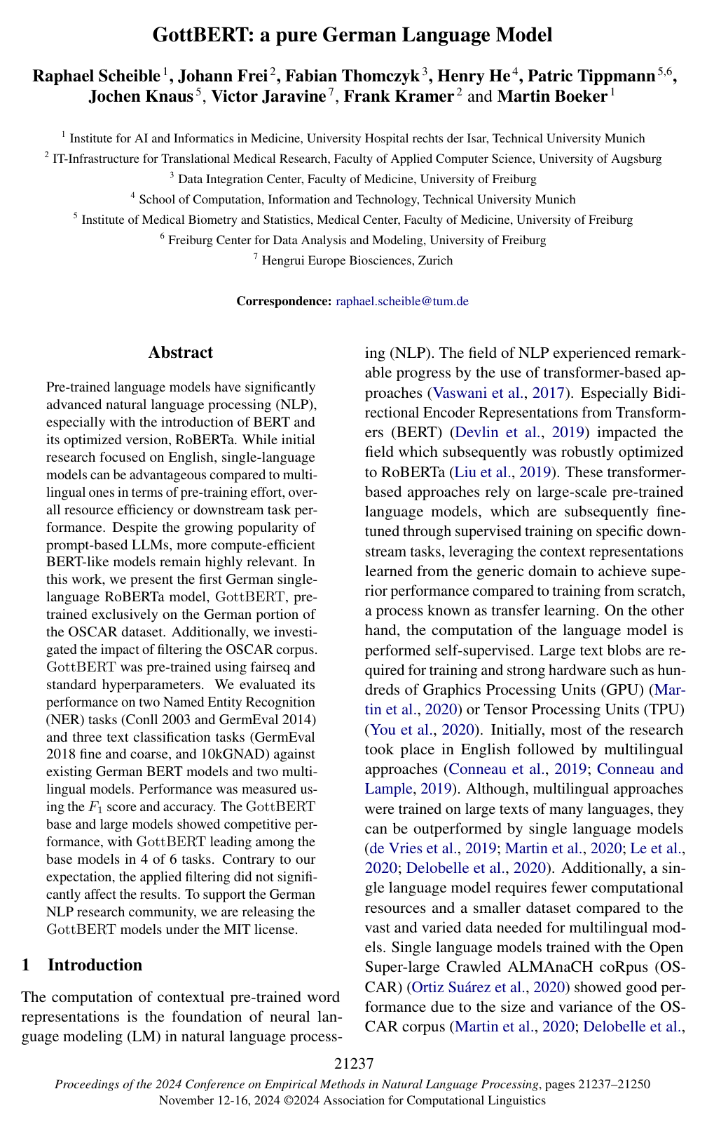 Cover for GottBERT: a pure German Language Model