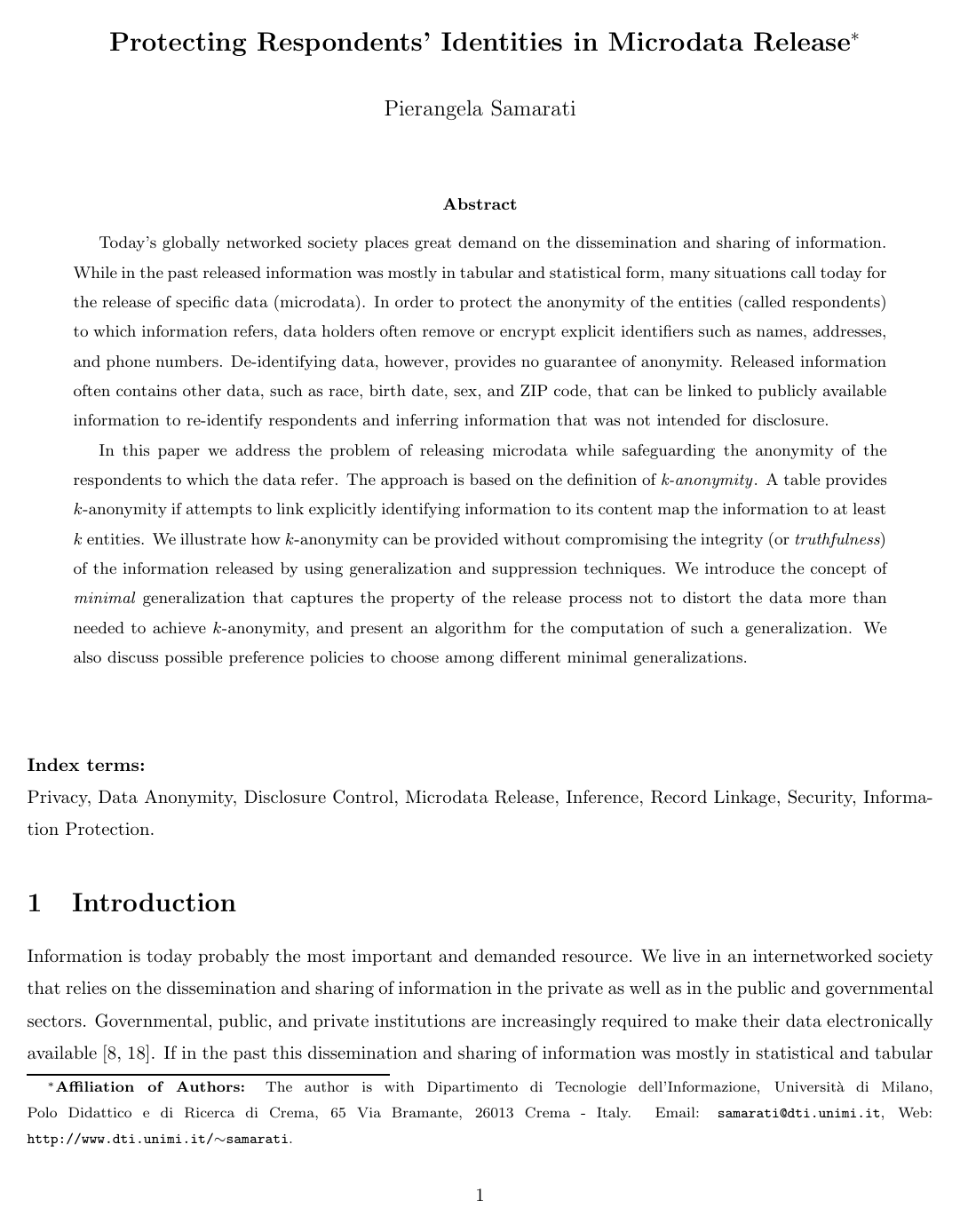 Cover for Protecting Respondents' Identities in Microdata Release