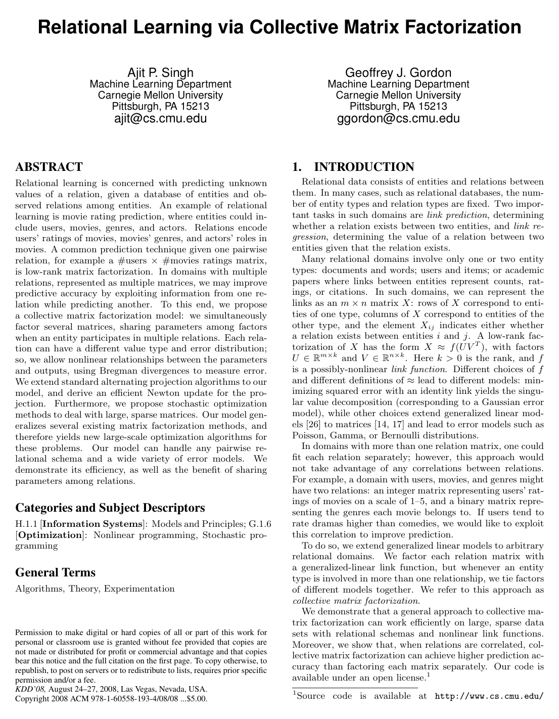 Relational learning via collective matrix factorization
