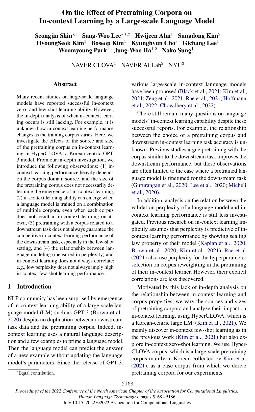 On the Effect of Pretraining Corpora on In-context Learning by a Large-scale Language Model