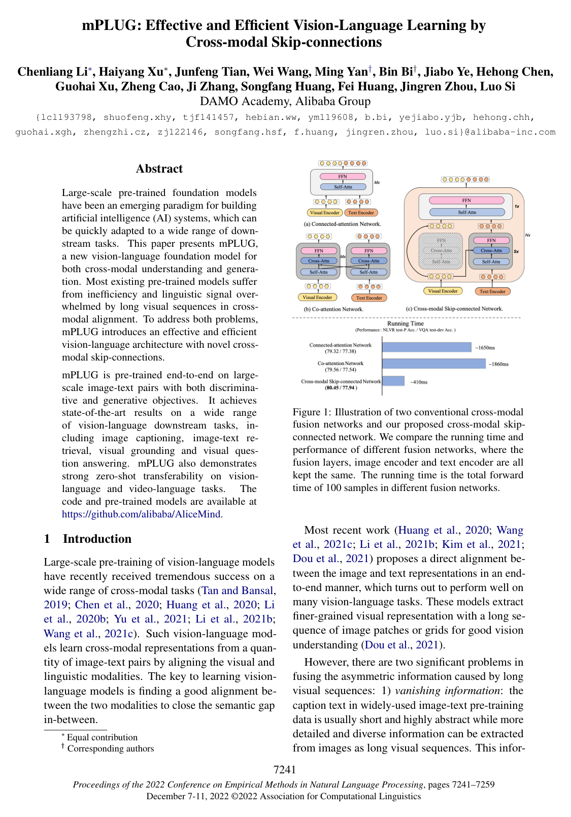 mPLUG: Effective and Efficient Vision-Language Learning by Cross-modal Skip-connections