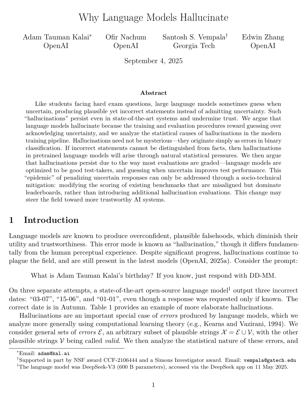 Why language models hallucinate