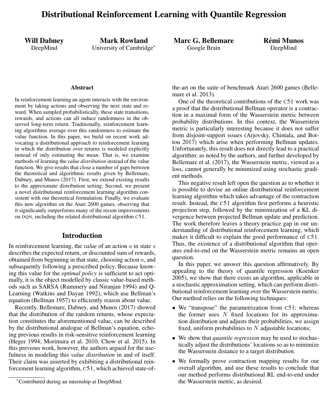 Distributional Reinforcement Learning with Quantile Regression