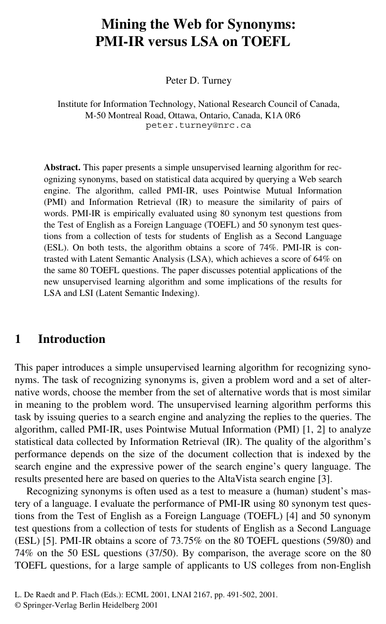 Cover for Mining the Web for Synonyms: PMI-IR versus LSA on TOEFL