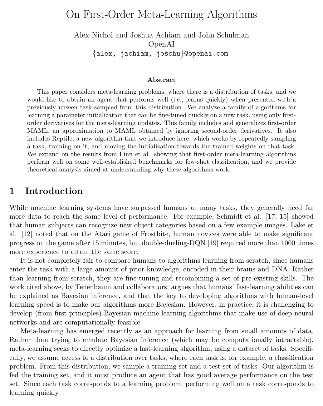 Cover for On First-Order Meta-Learning Algorithms
