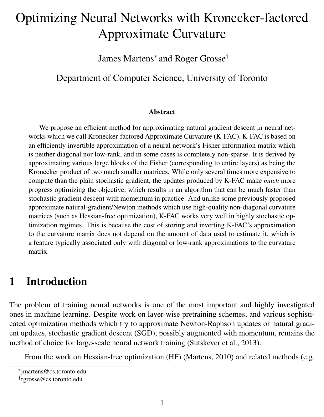 Cover for Optimizing Neural Networks with Kronecker-factored Approximate Curvature