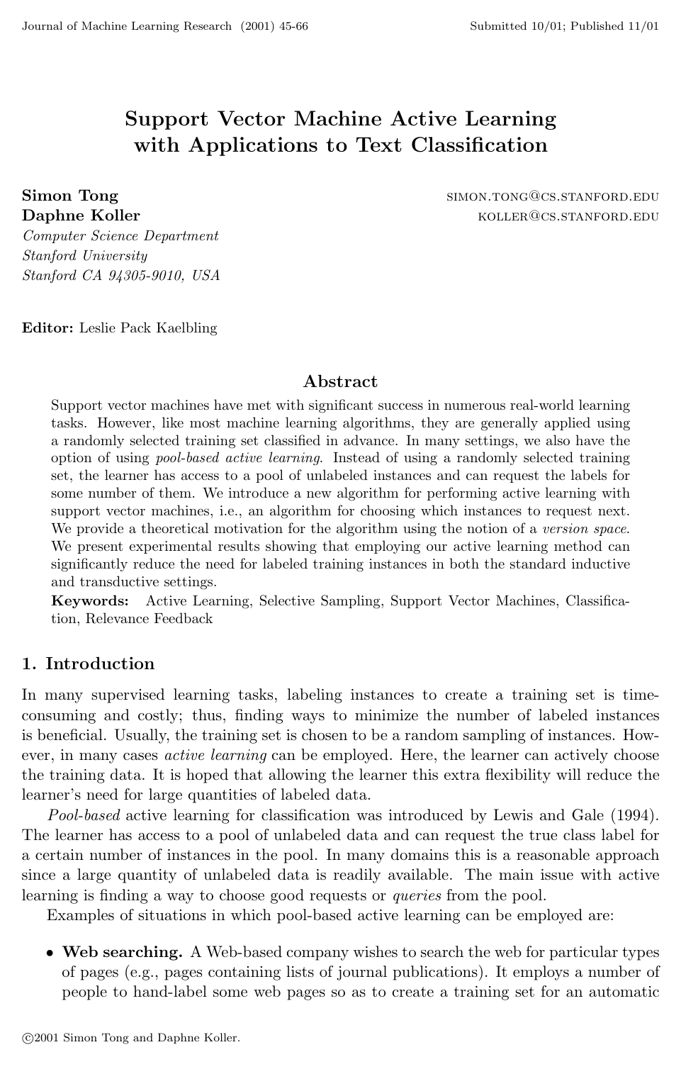 Cover for Support Vector Machine Active Learning with Applications to Text Classification