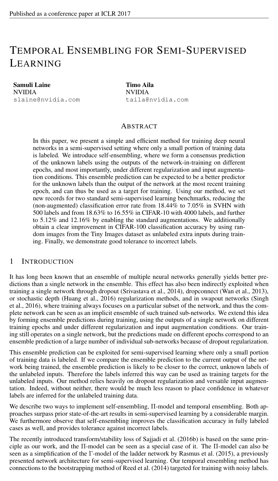 Cover for Temporal Ensembling for Semi-Supervised Learning