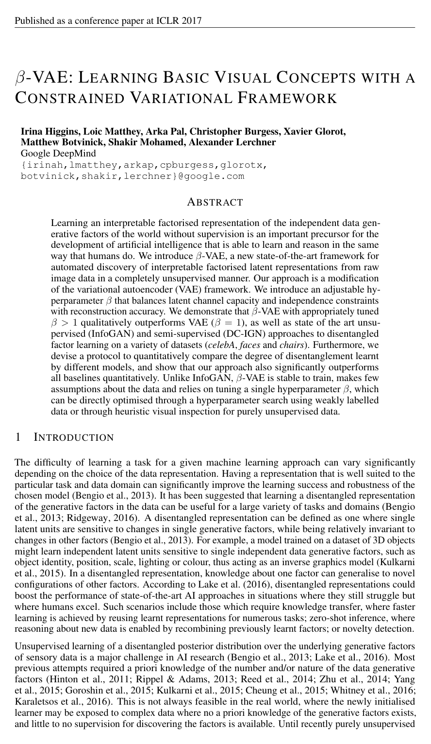 beta-VAE: Learning Basic Visual Concepts with a Constrained Variational Framework