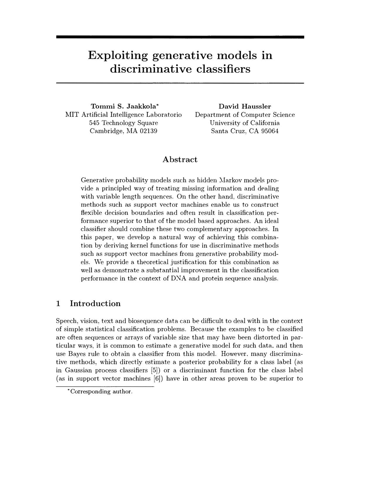 Exploiting Generative Models in Discriminative Classifiers