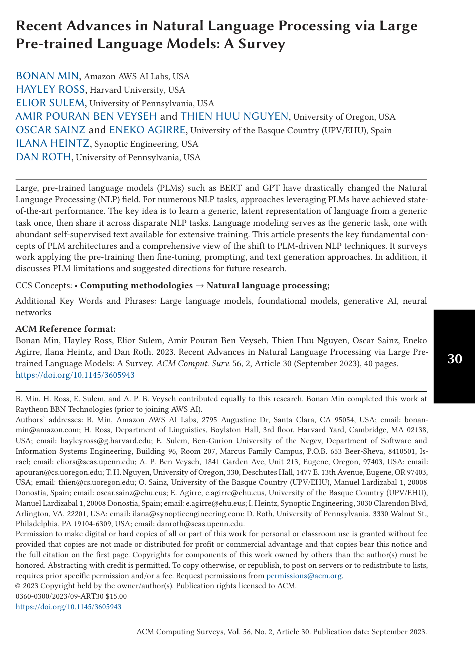 Recent Advances in Natural Language Processing via Large Pre-trained Language Models: A Survey