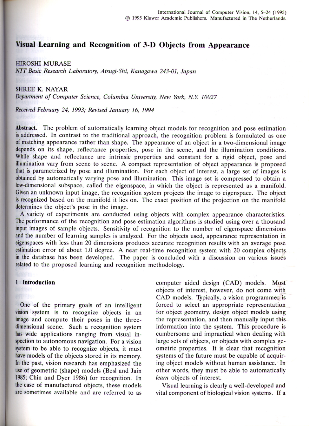 Cover for Visual learning and recognition of 3-d objects from appearance