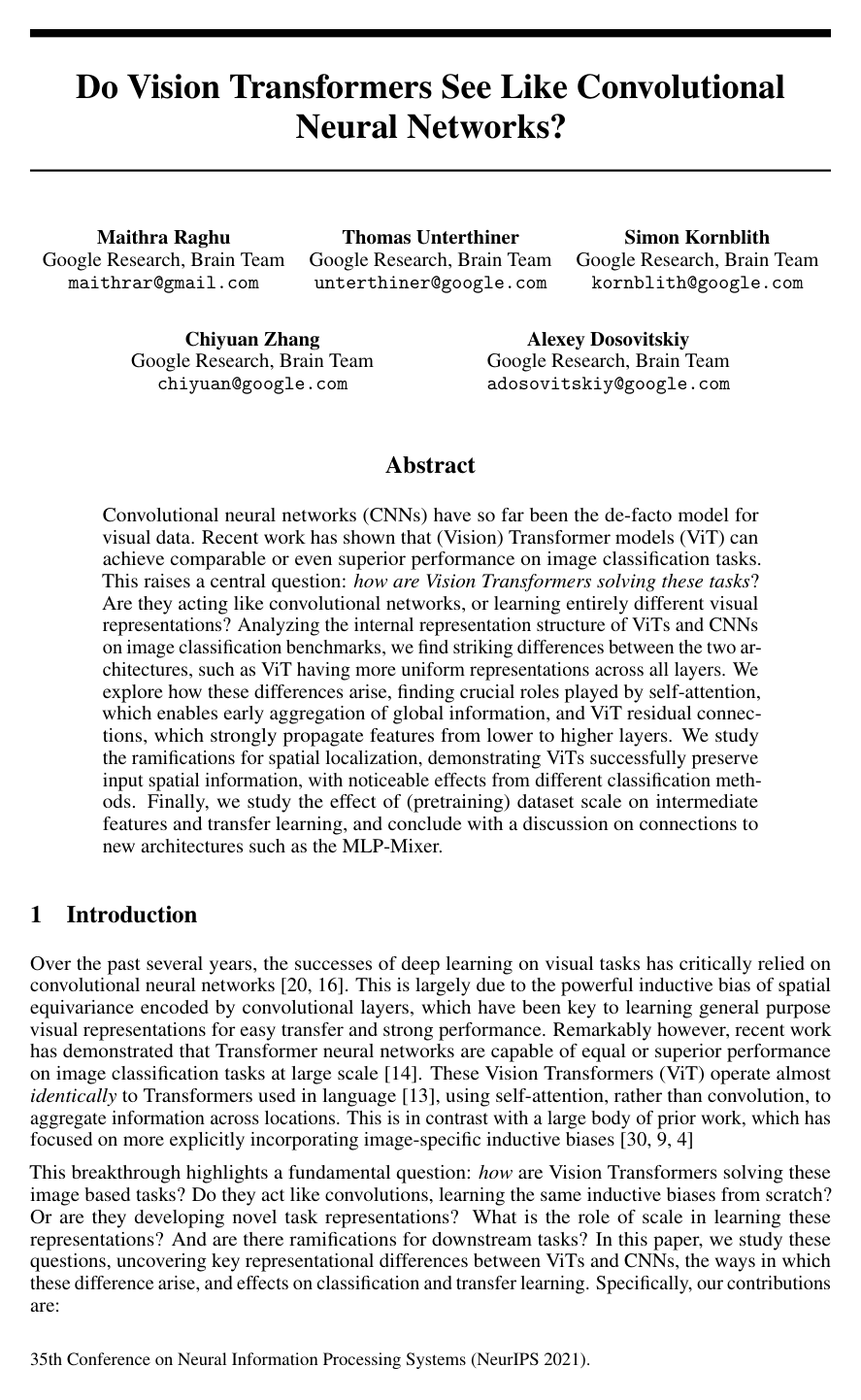 Cover for Do Vision Transformers See Like Convolutional Neural Networks?