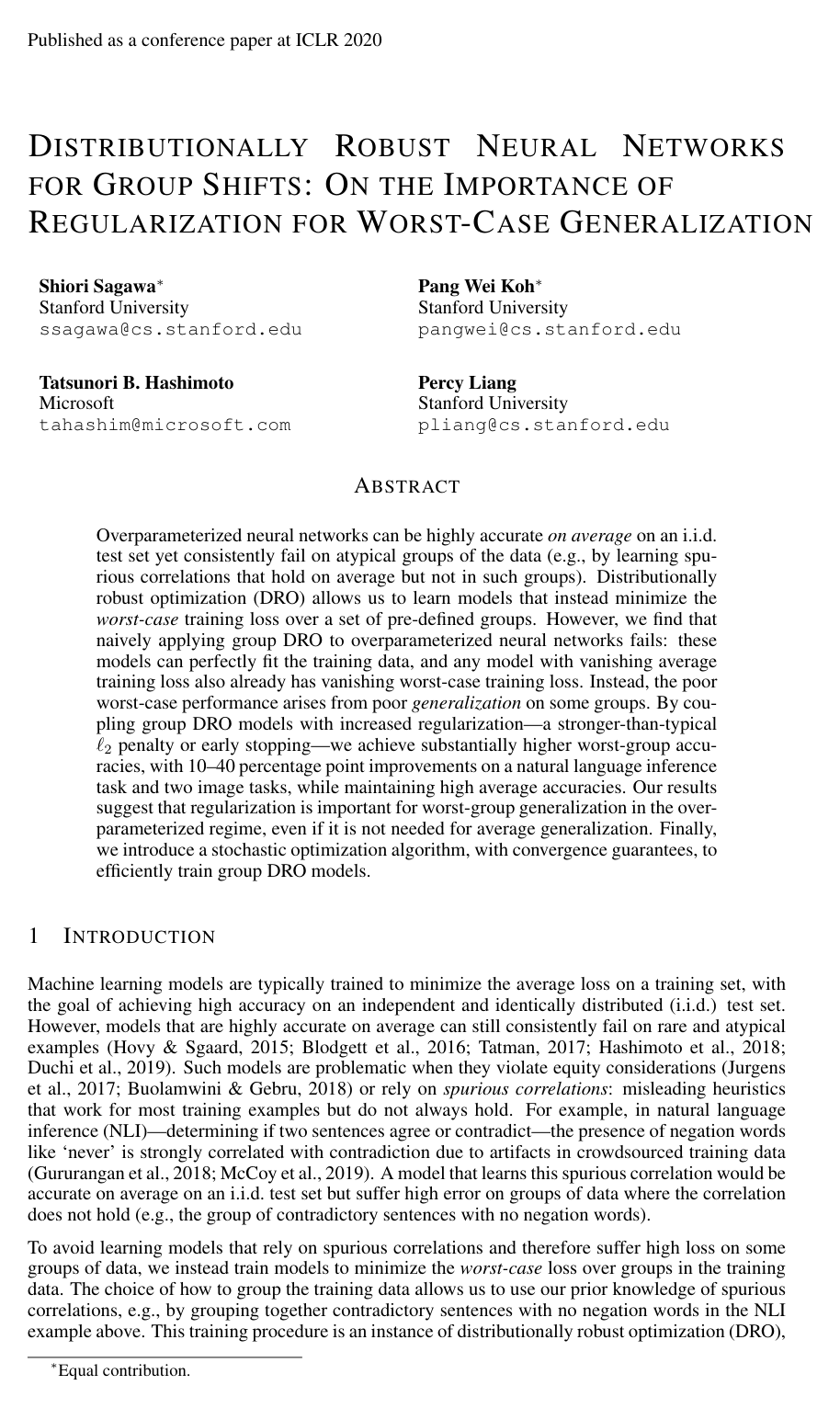 Cover for Distributionally Robust Neural Networks for Group Shifts: On the Importance of Regularization for Worst-Case Generalization