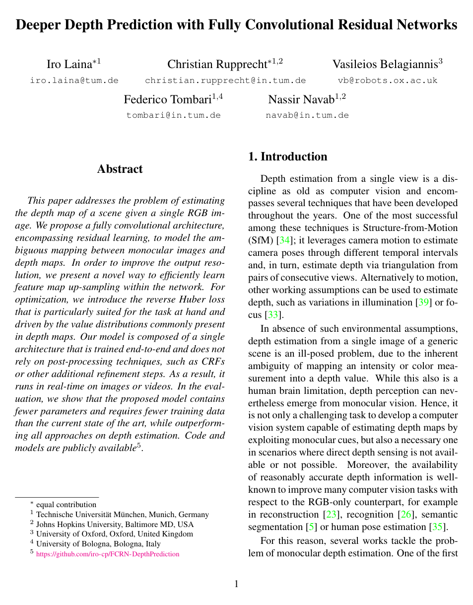 Deeper Depth Prediction with Fully Convolutional Residual Networks