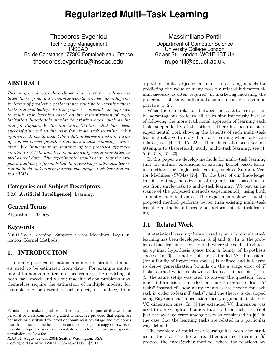 Cover for Regularized multi--task learning