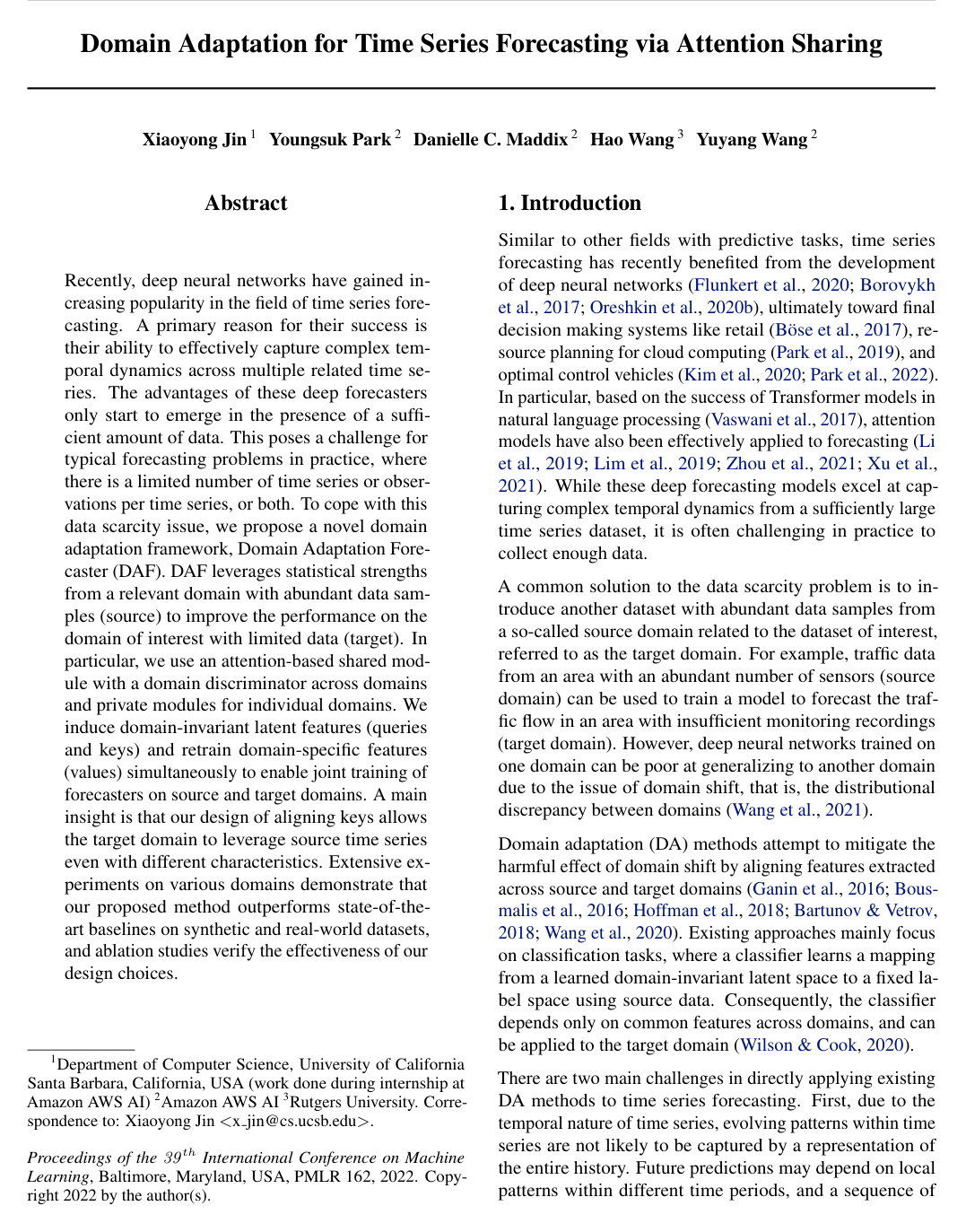 Domain Adaptation for Time Series Forecasting via Attention Sharing