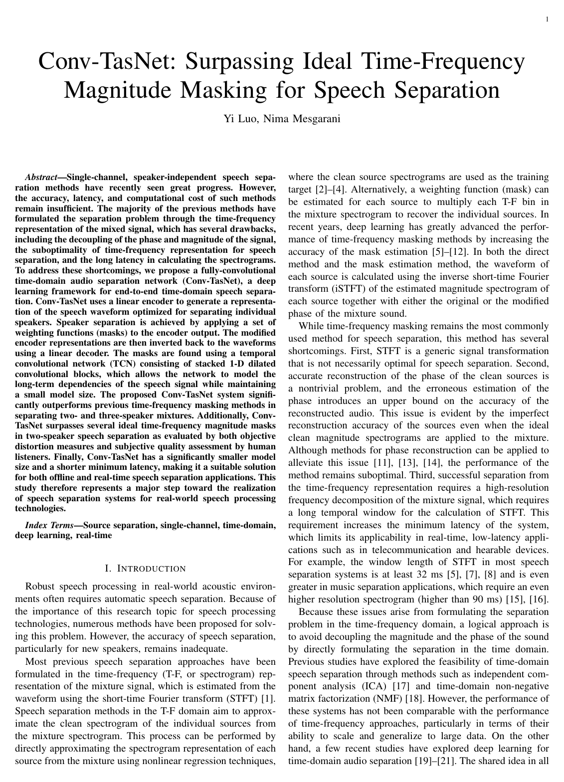 Cover for Conv-TasNet: Surpassing Ideal Time-Frequency Magnitude Masking for Speech Separation