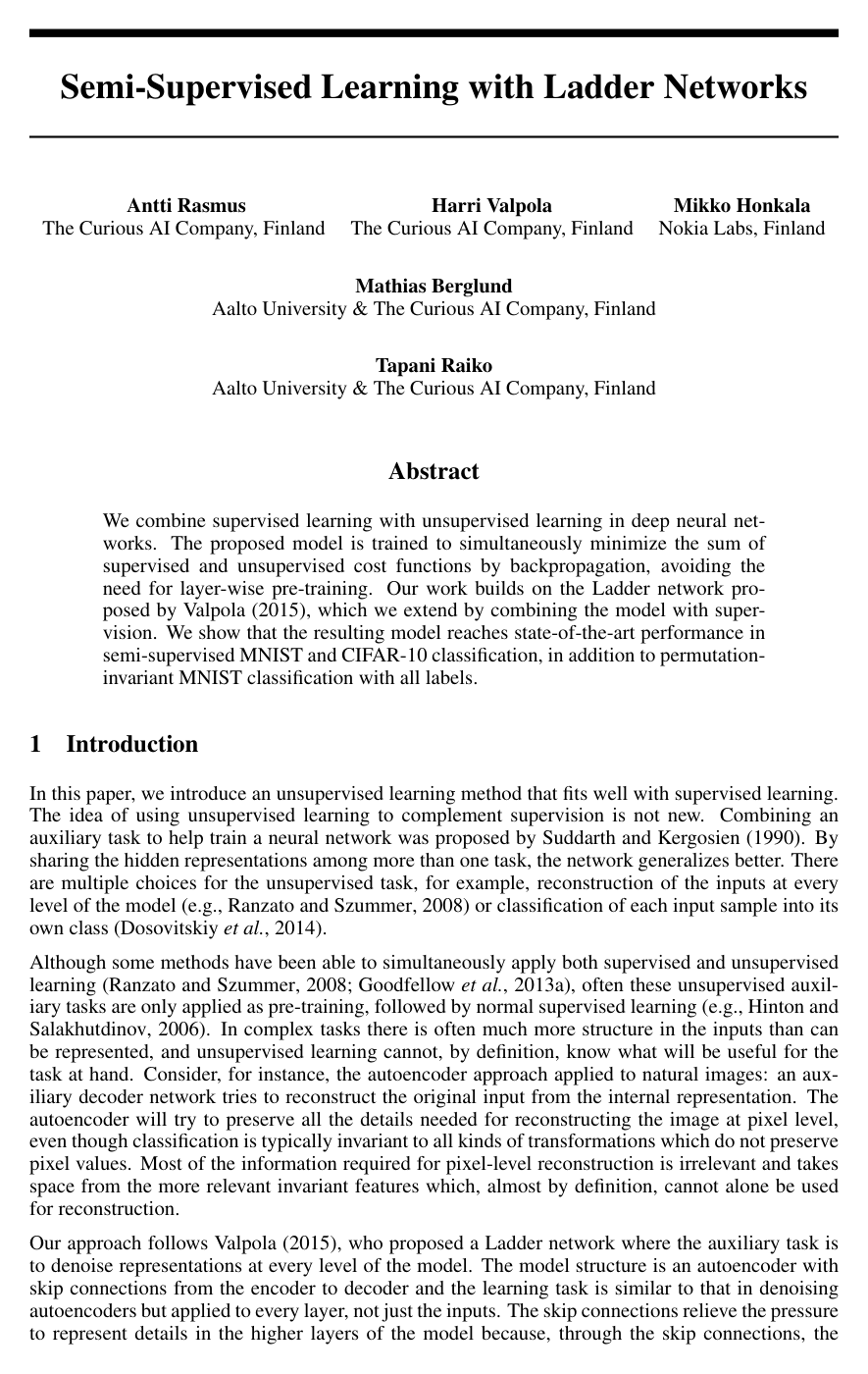 Semi-supervised Learning with Ladder Networks