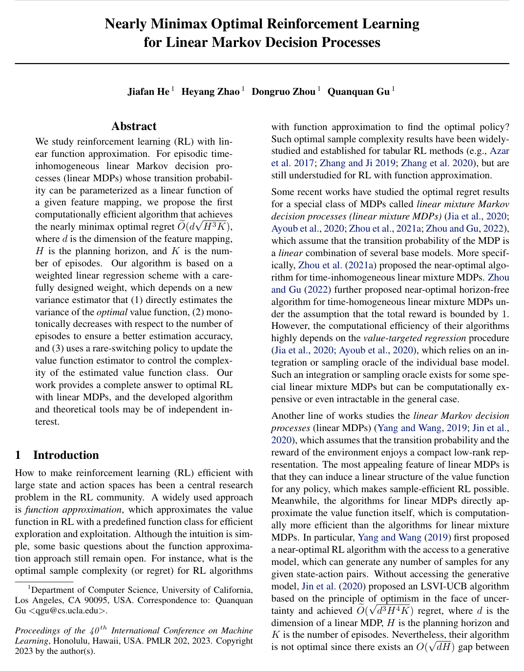Nearly Minimax Optimal Reinforcement Learning for Linear Markov Decision Processes