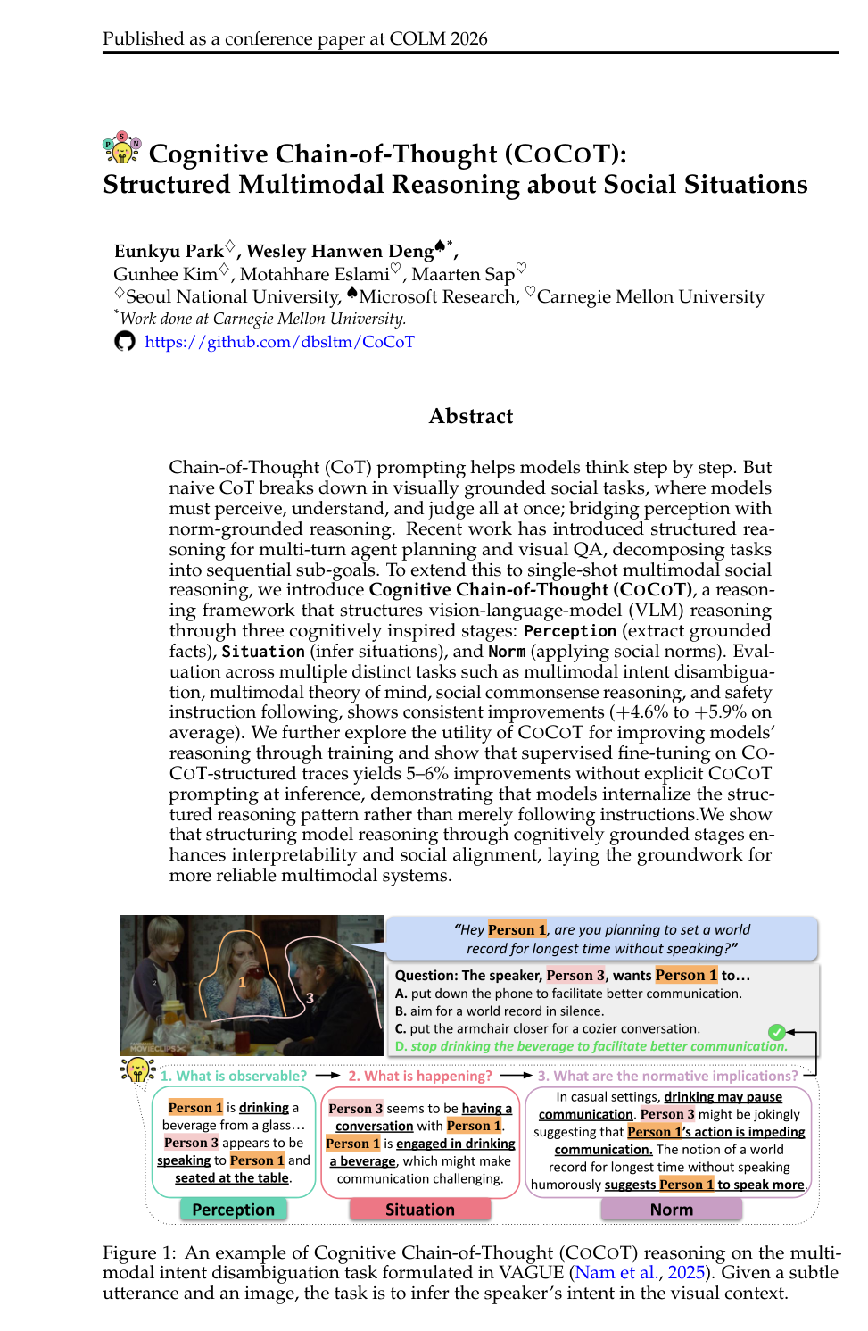 Cognitive Chain-of-Thought (CoCoT): Structured Multimodal Reasoning about Social Situations