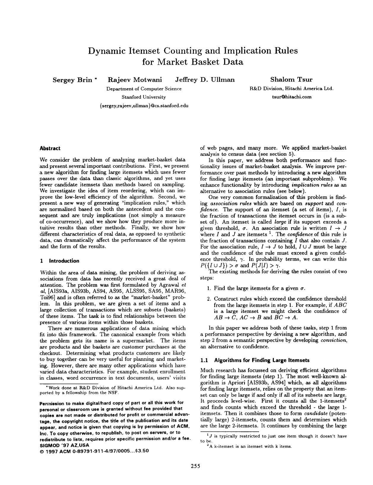 Cover for Dynamic itemset counting and implication rules for market basket data