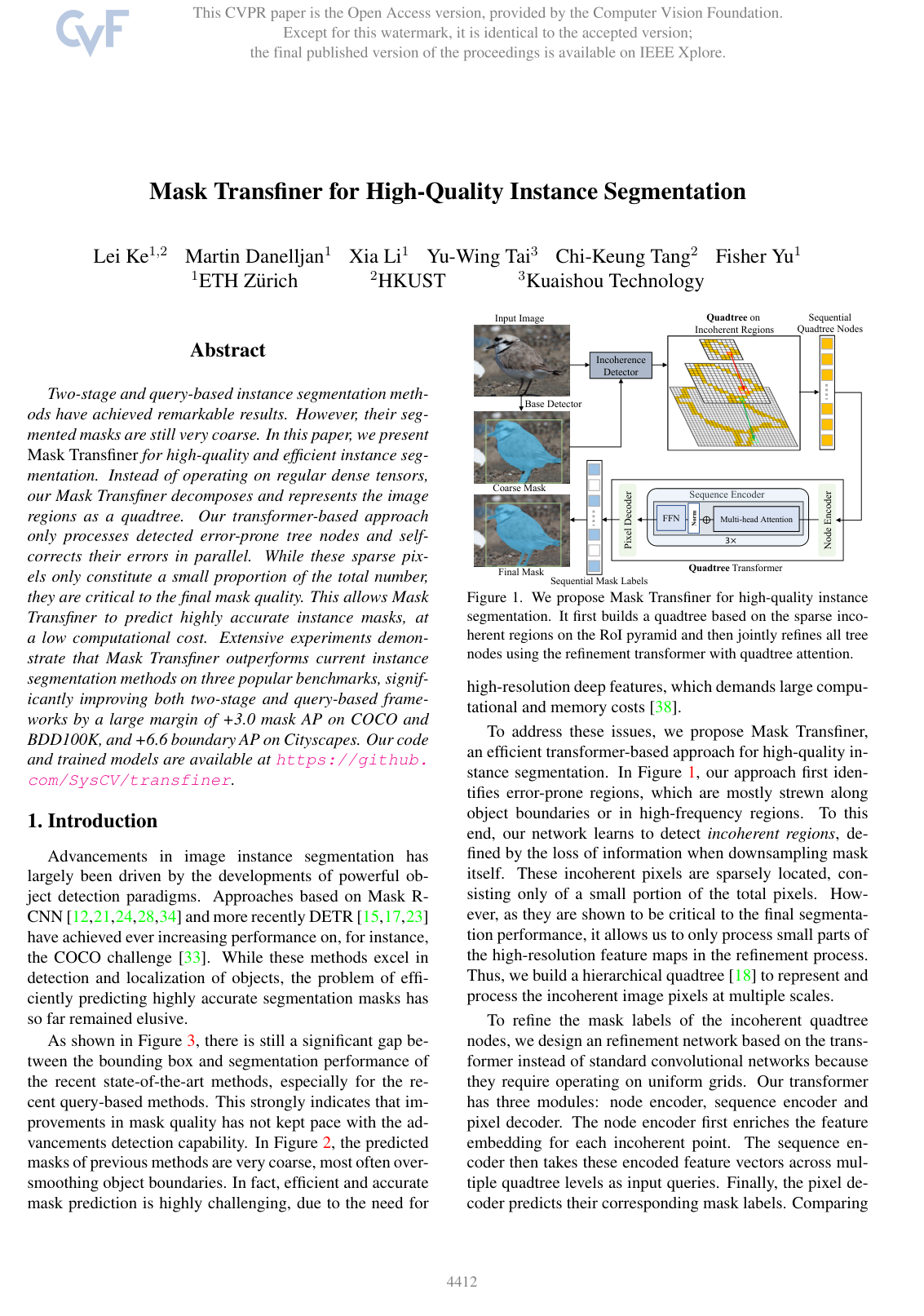 Cover for Mask Transfiner for High-Quality Instance Segmentation