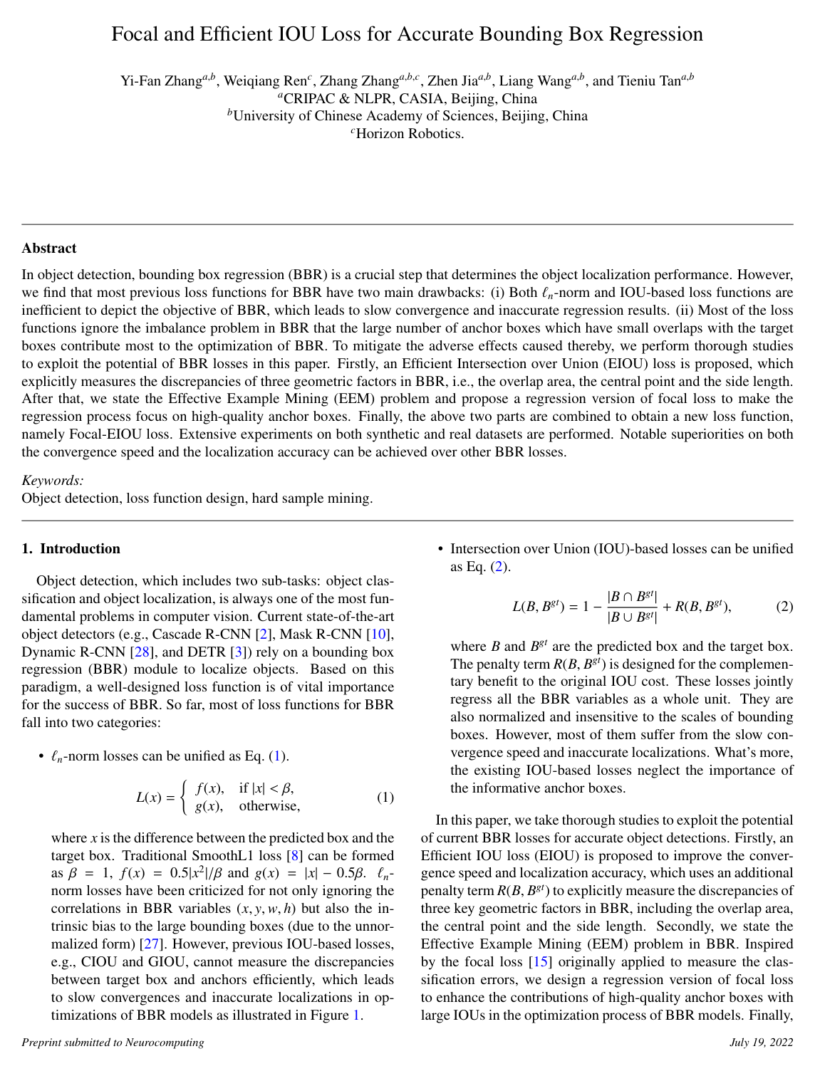 Cover for Focal and Efficient IOU Loss for Accurate Bounding Box Regression