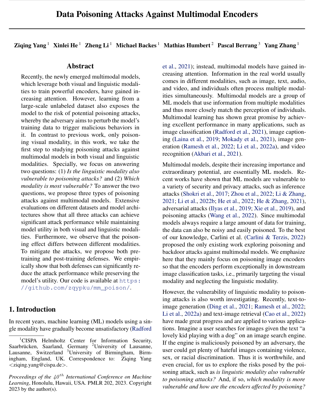 Data Poisoning Attacks Against Multimodal Encoders