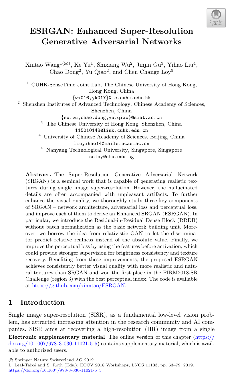 ESRGAN: Enhanced Super-Resolution Generative Adversarial Networks