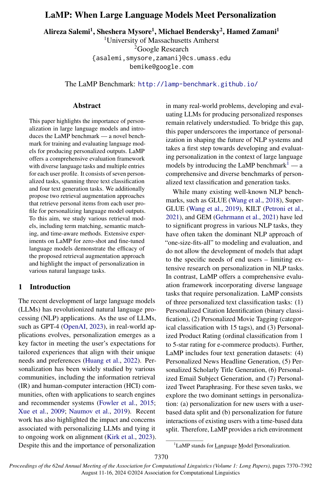 Cover for LaMP: When Large Language Models Meet Personalization
