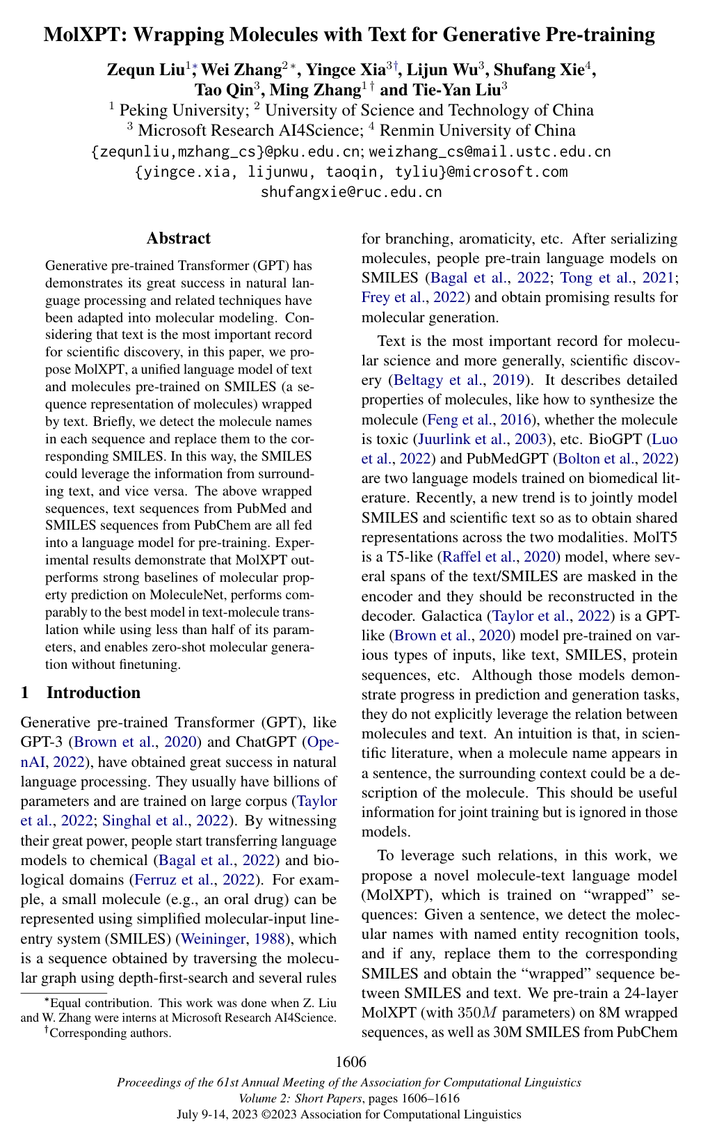 MolXPT: Wrapping Molecules with Text for Generative Pre-training