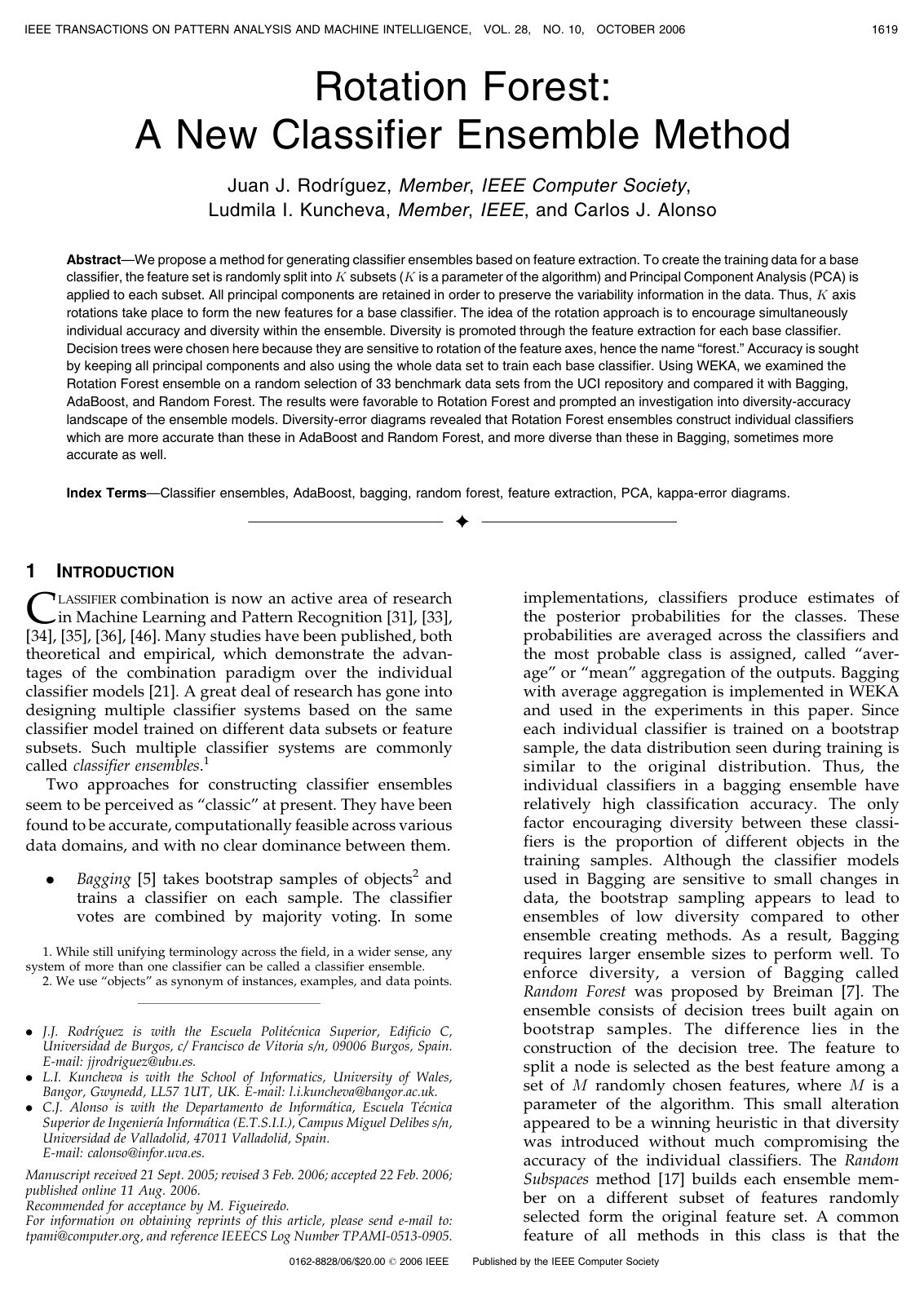 Cover for Rotation Forest: A New Classifier Ensemble Method