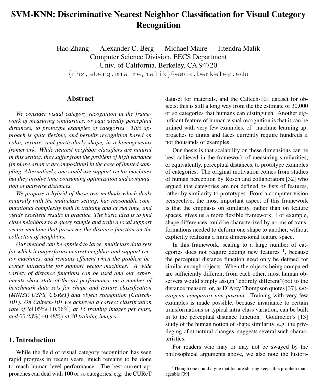 SVM-KNN: Discriminative Nearest Neighbor Classification for Visual Category Recognition