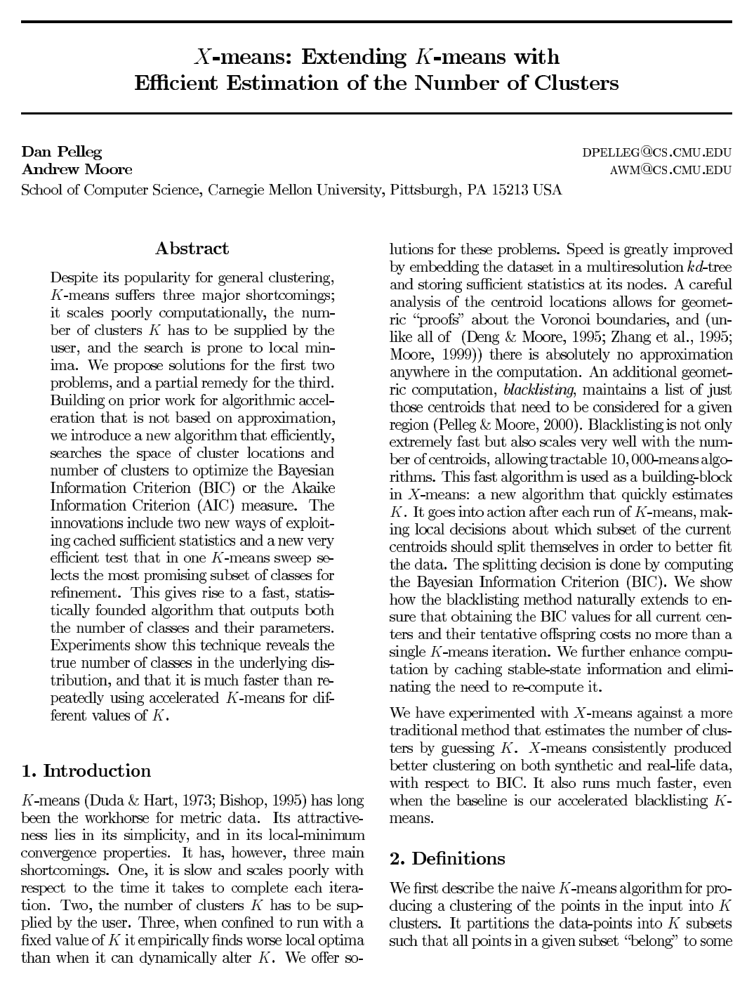 Cover for X-means: Extending K-means with Efficient Estimation of the Number of Clusters