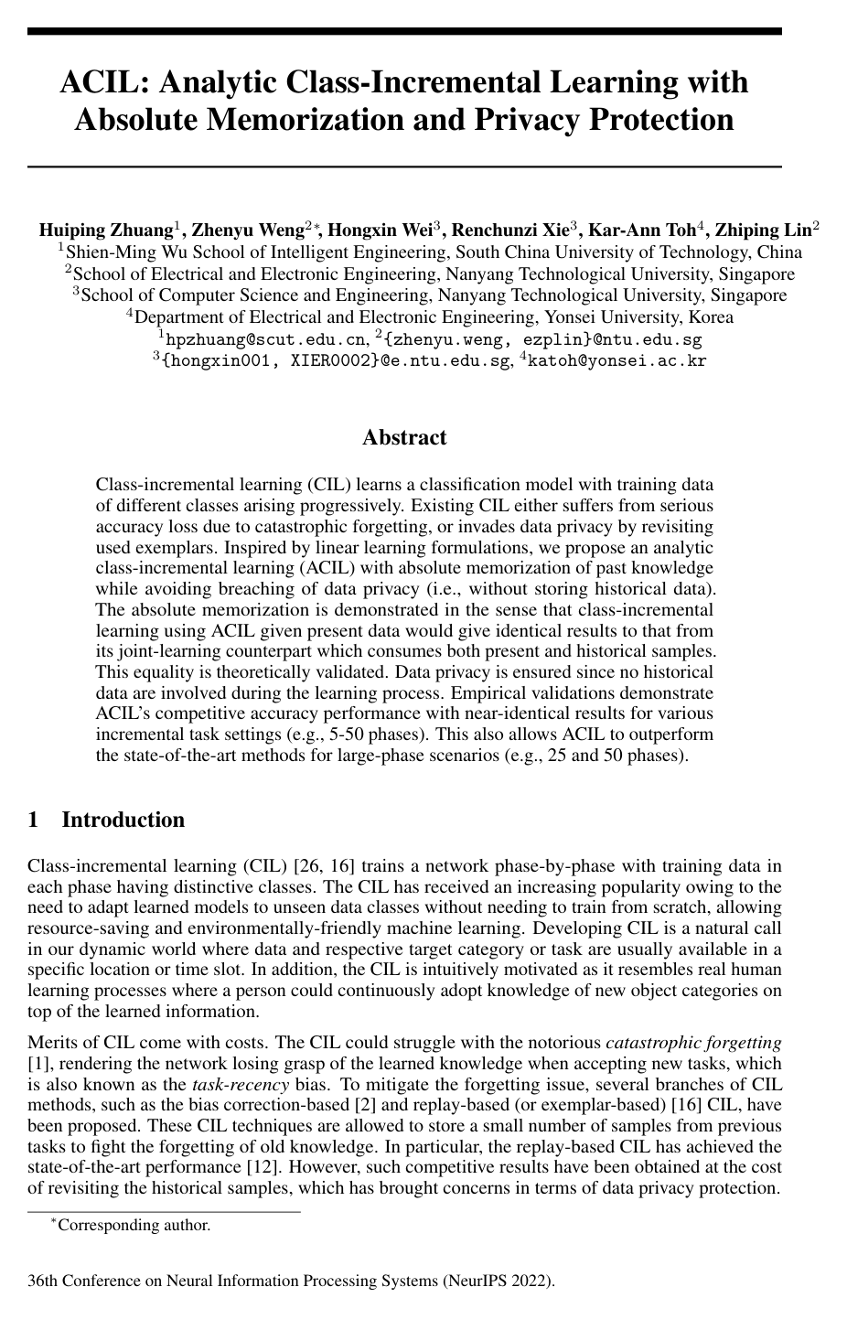 Cover for ACIL: Analytic Class-Incremental Learning with Absolute Memorization and Privacy Protection
