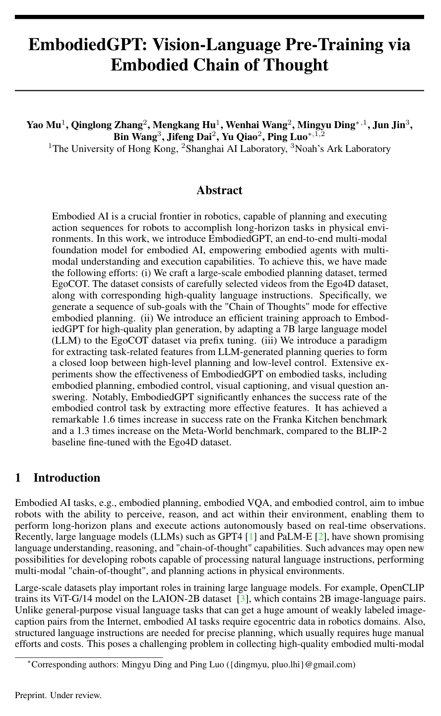 EmbodiedGPT: Vision-Language Pre-Training via Embodied Chain of Thought