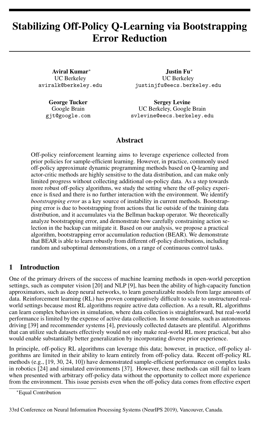 Cover for Stabilizing Off-Policy Q-Learning via Bootstrapping Error Reduction