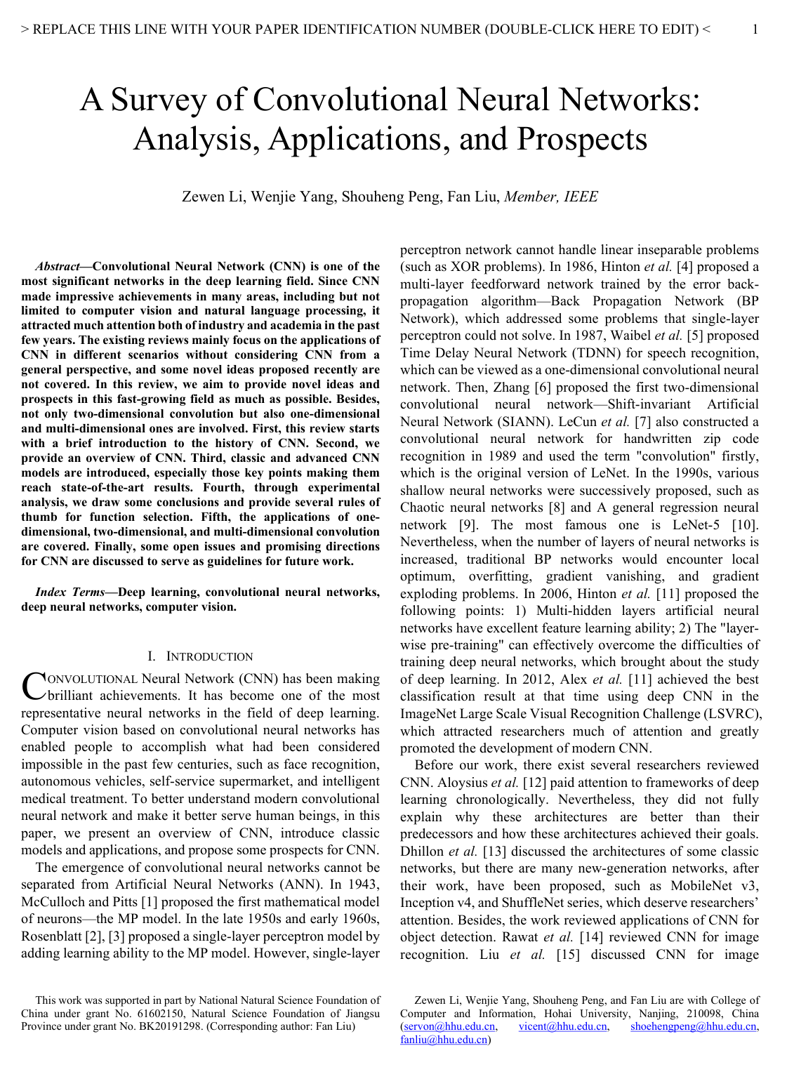 Cover for A Survey of Convolutional Neural Networks: Analysis, Applications, and Prospects