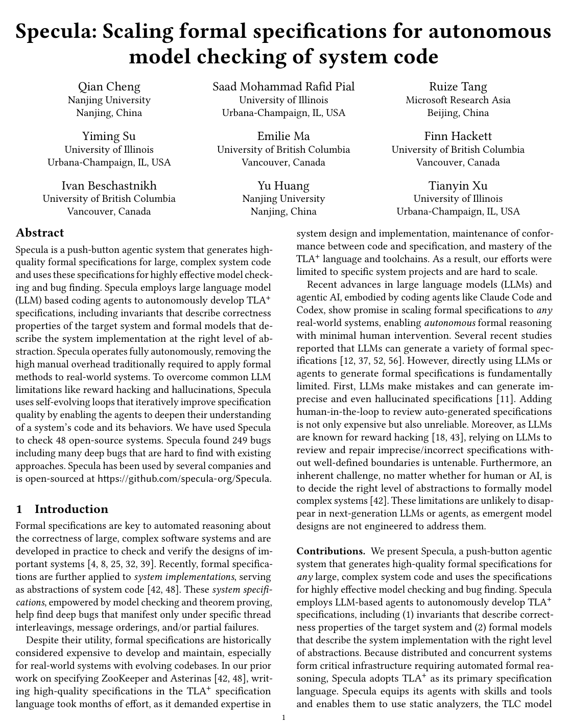 Specula: Scaling formal specifications for autonomous model checking of system code