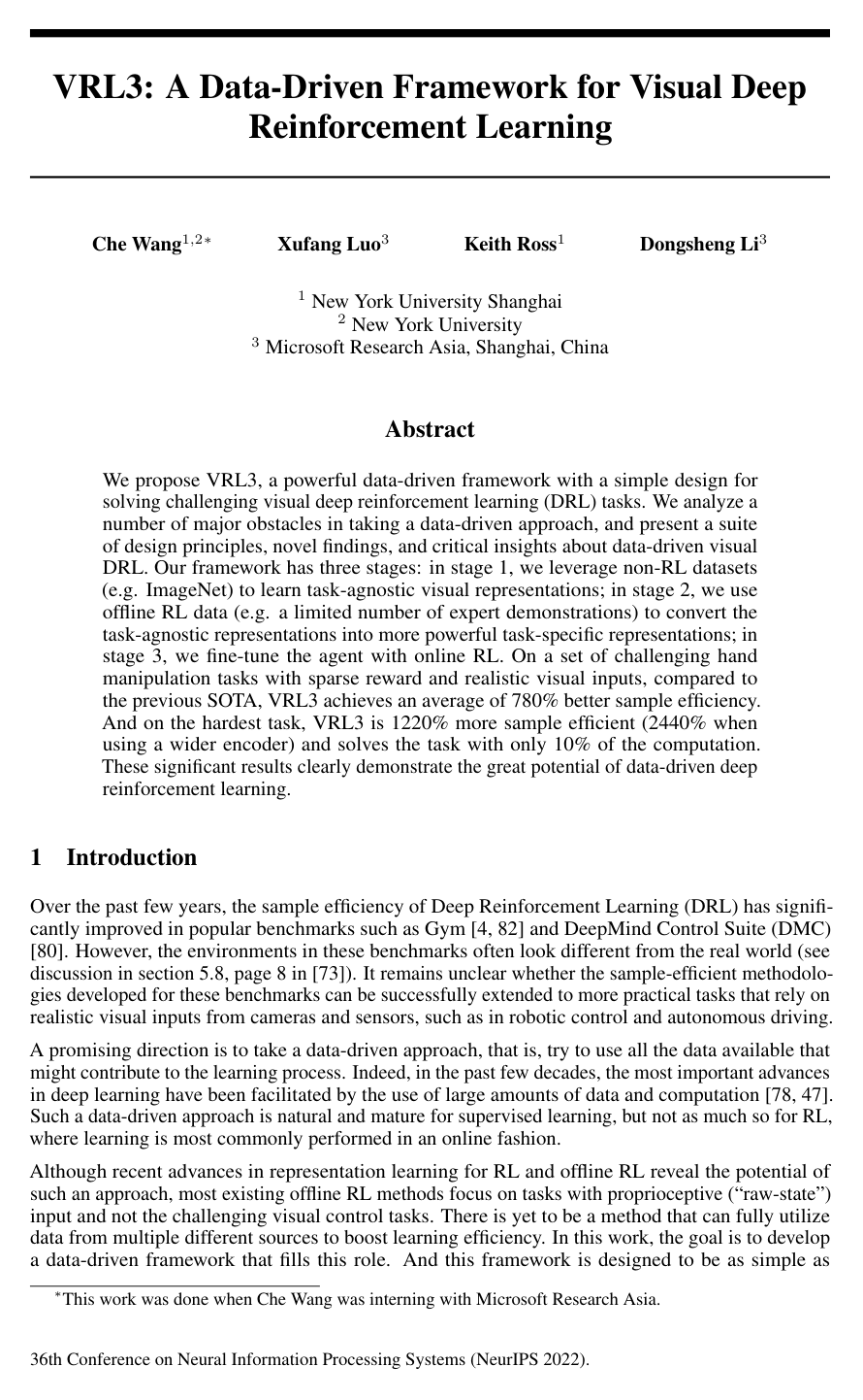 Cover for VRL3: A Data-Driven Framework for Visual Deep Reinforcement Learning